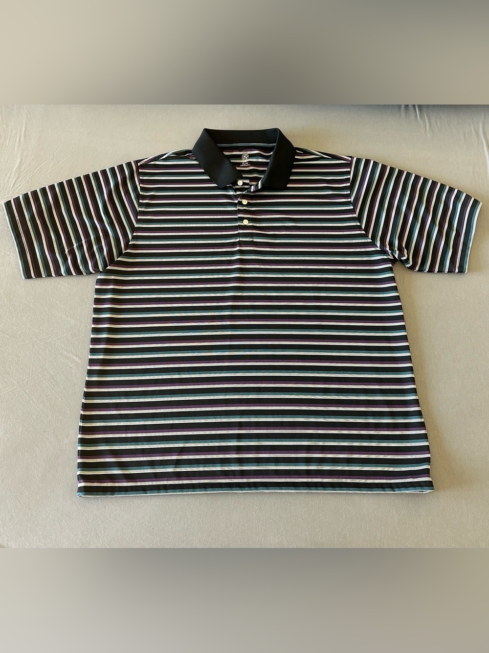 PGA Tour Black/White/Purple/Blue Striped Short Sleeve Golf Polo
